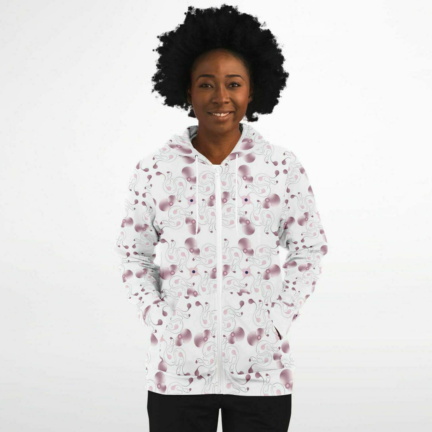 Fashion Zip-Up Hoodie - AOP Kukloso Abstractical No 57 Pink, shapes on White - Free Shipping