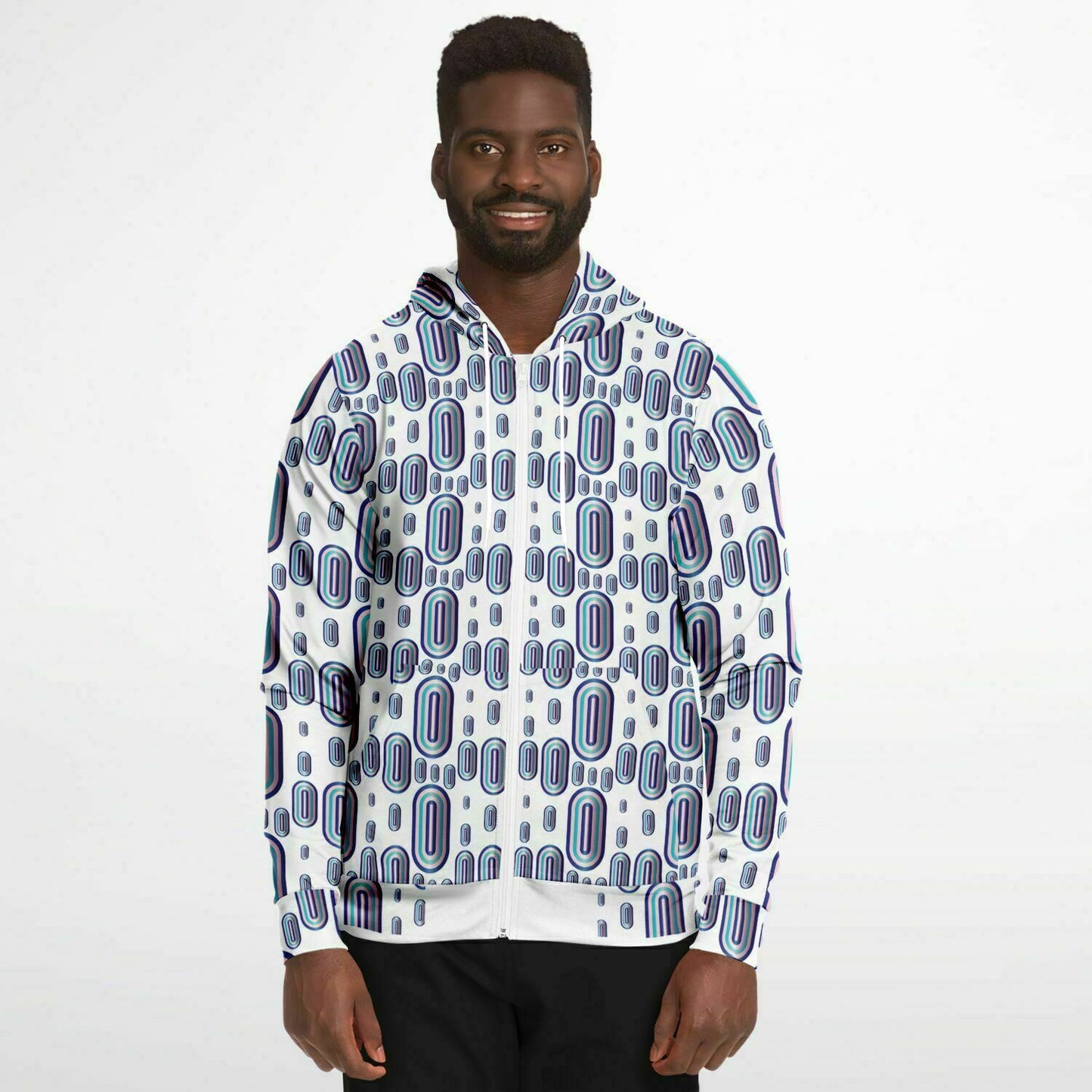 Fashion Zip-Up Hoodie - AOP Kukloso Abstractical No 93 Aqua, Pink, Navy shapes on White - Free Shipping