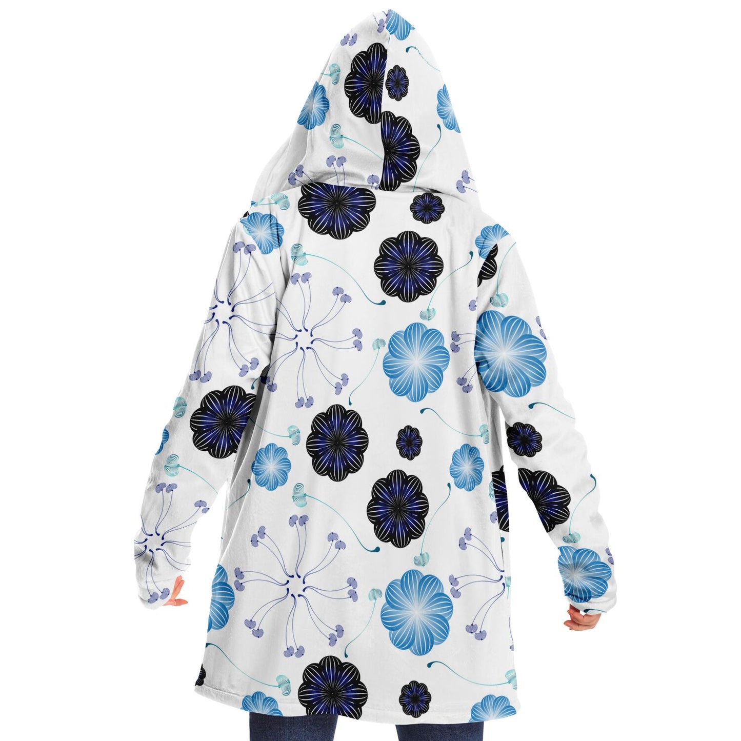 Microfleece Cloak - AOP Kukloso Abstractical No 272 Navy-Aqua mini-Mandala shapes on White - Free Shipping