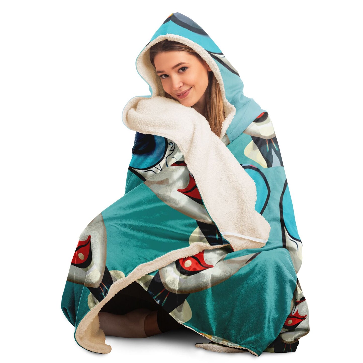 Hooded Blanket - AOP Kukloso Cubist Faces No 12 Blue Green- Free Shipping