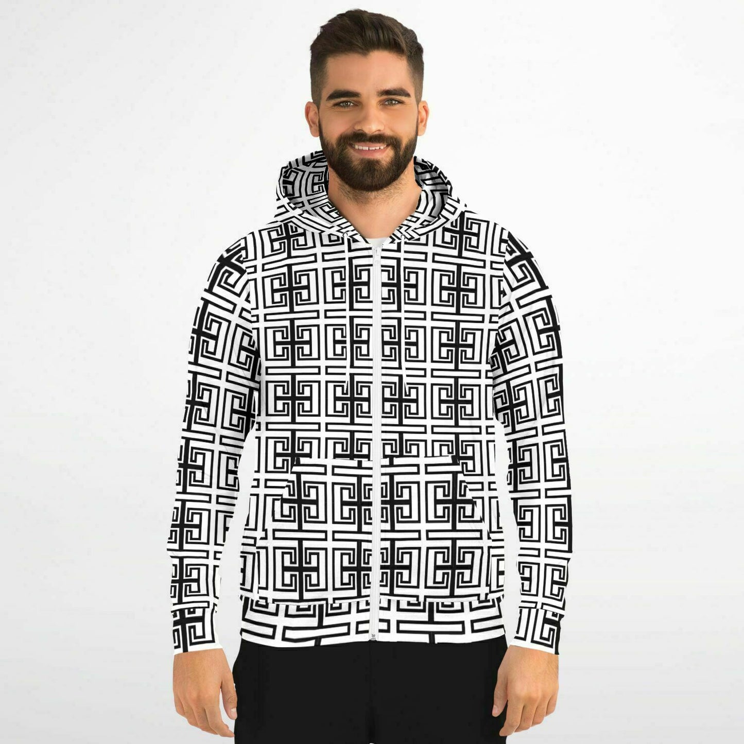 Fashion Zip-Up Hoodie - AOP Kukloso Greek Border No 3 Black & White - Free Shipping