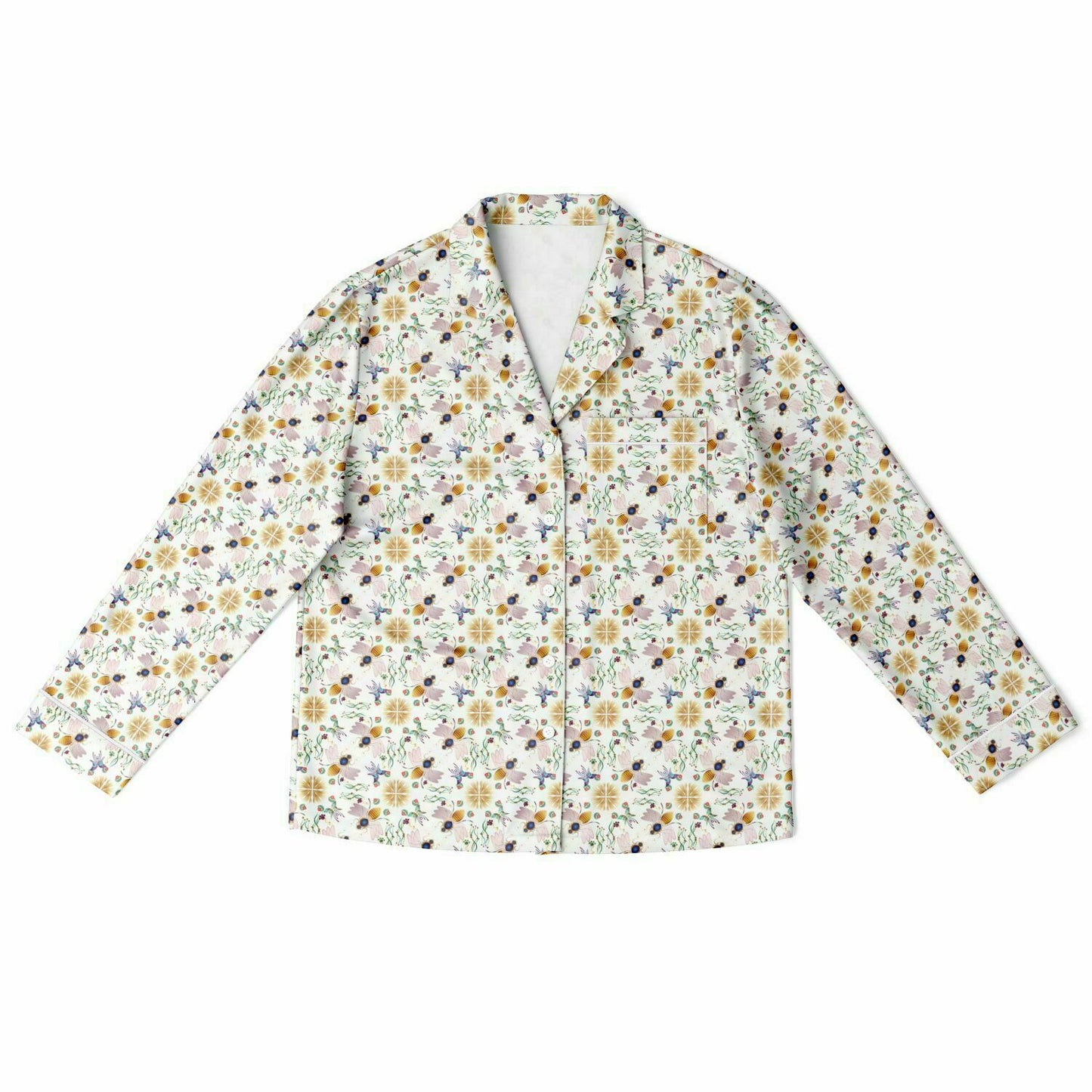 Women's Satin Pajamas - AOP Kukloso Queen Bee No 27 Multicolored bees & abstract floral shapes on White - Free Shipping