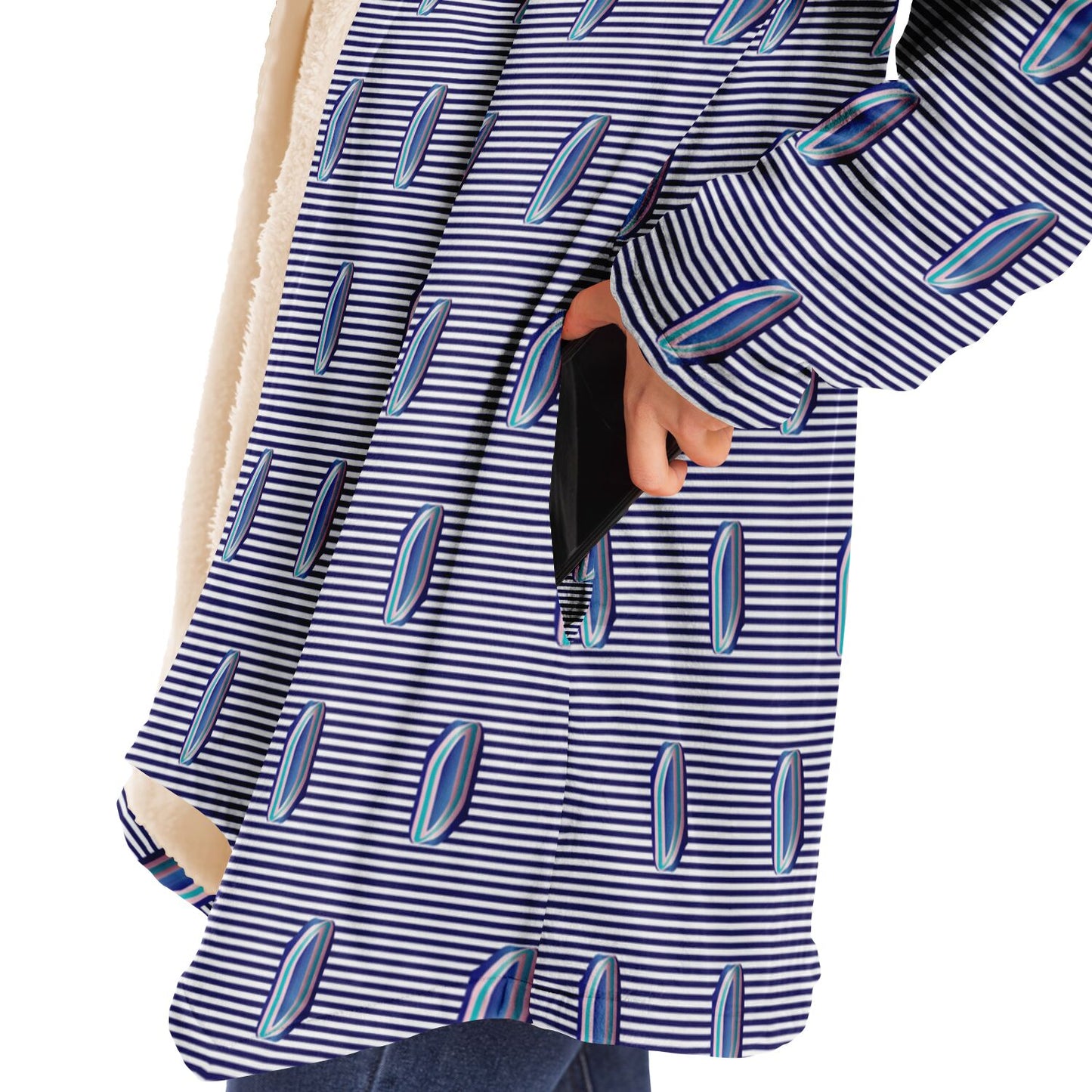 Microfleece Cloak - AOP Kukloso Whimsical No 57 Aqua, Navy shapes on Navy Stripes - Free Shipping