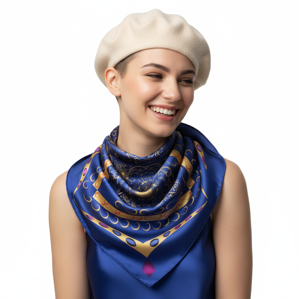 100% Silk Charmeuse Square Scarf Modern Mandala Blue Gold No 8