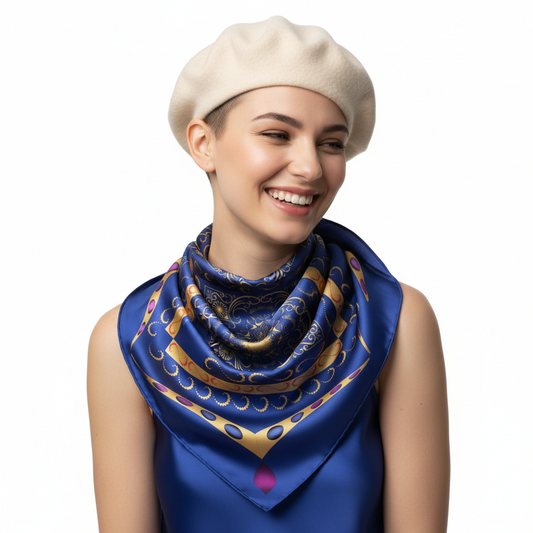 100% Silk Charmeuse Square Scarf Modern Mandala Blue Gold No 8