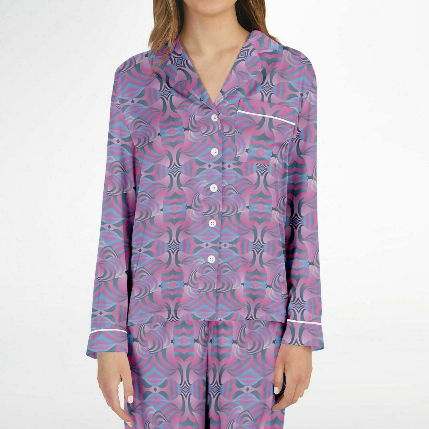 Women's Satin Pajamas - AOP Kukloso Ice Cream Swirls No 40 Abstract Sikver & Pink colors - Free Shipping