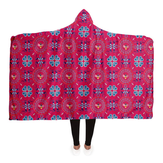 Hooded Blanket - AOP Mandala No 154 No 4 Honey Bee Aqua & Blue on Dark Pink