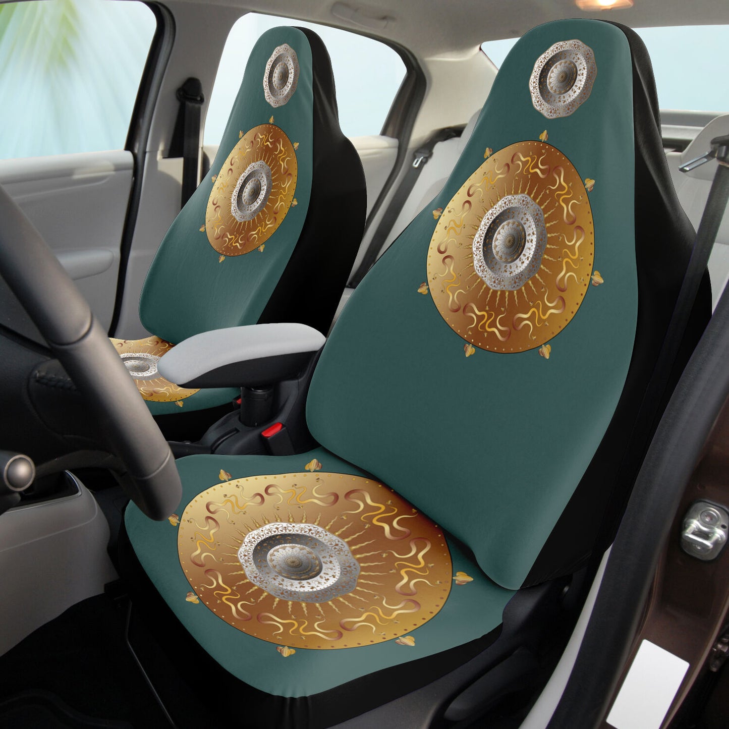 Car Seat Cover - AOP Kukloso Intricate Mandala design, Gold & Silver colors on Green - Free Shipping