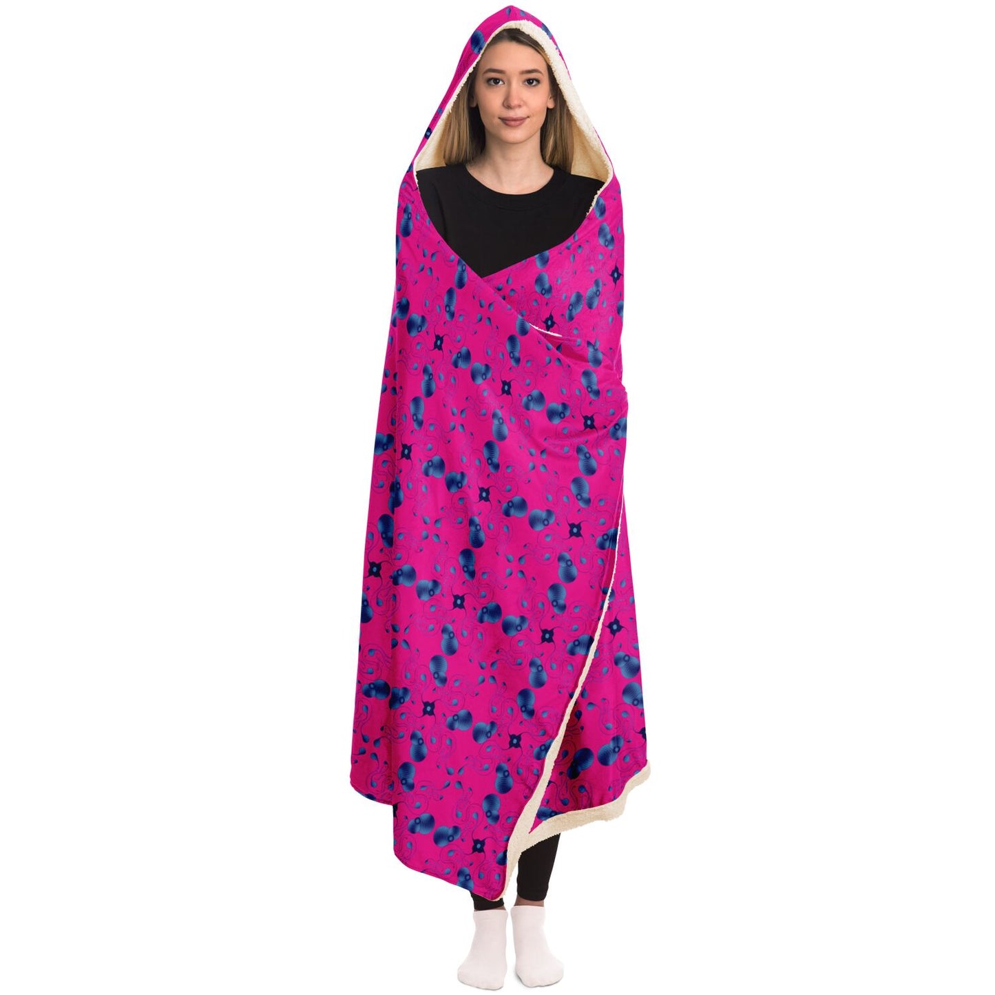 Hooded Blanket - AOP Kukloso Abstractical No 57 Abstract Blue Shapes on Dark Pink Sml Pattern - Free Shipping