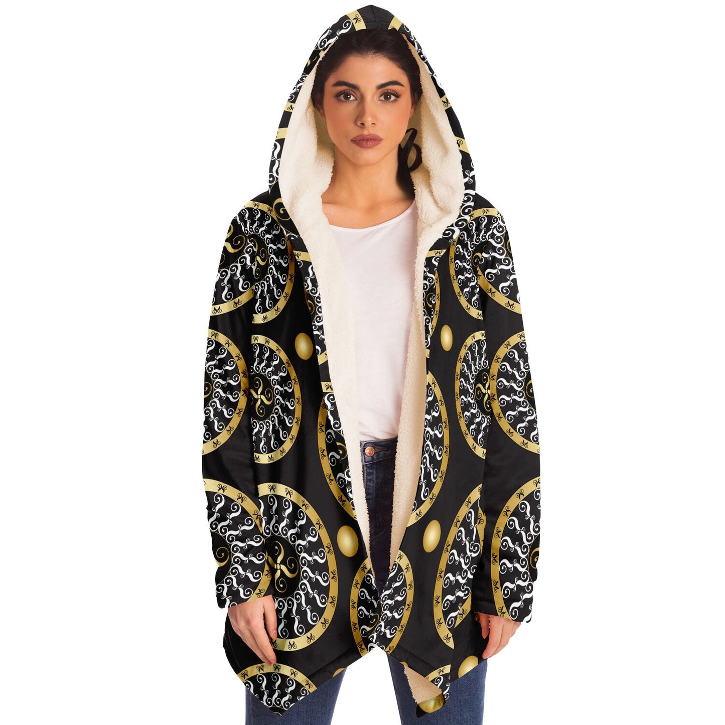 Microfleece Cloak - AOP  Kukloso Abstractical No 173 Gold & White Mandala on Black - Free Shipping