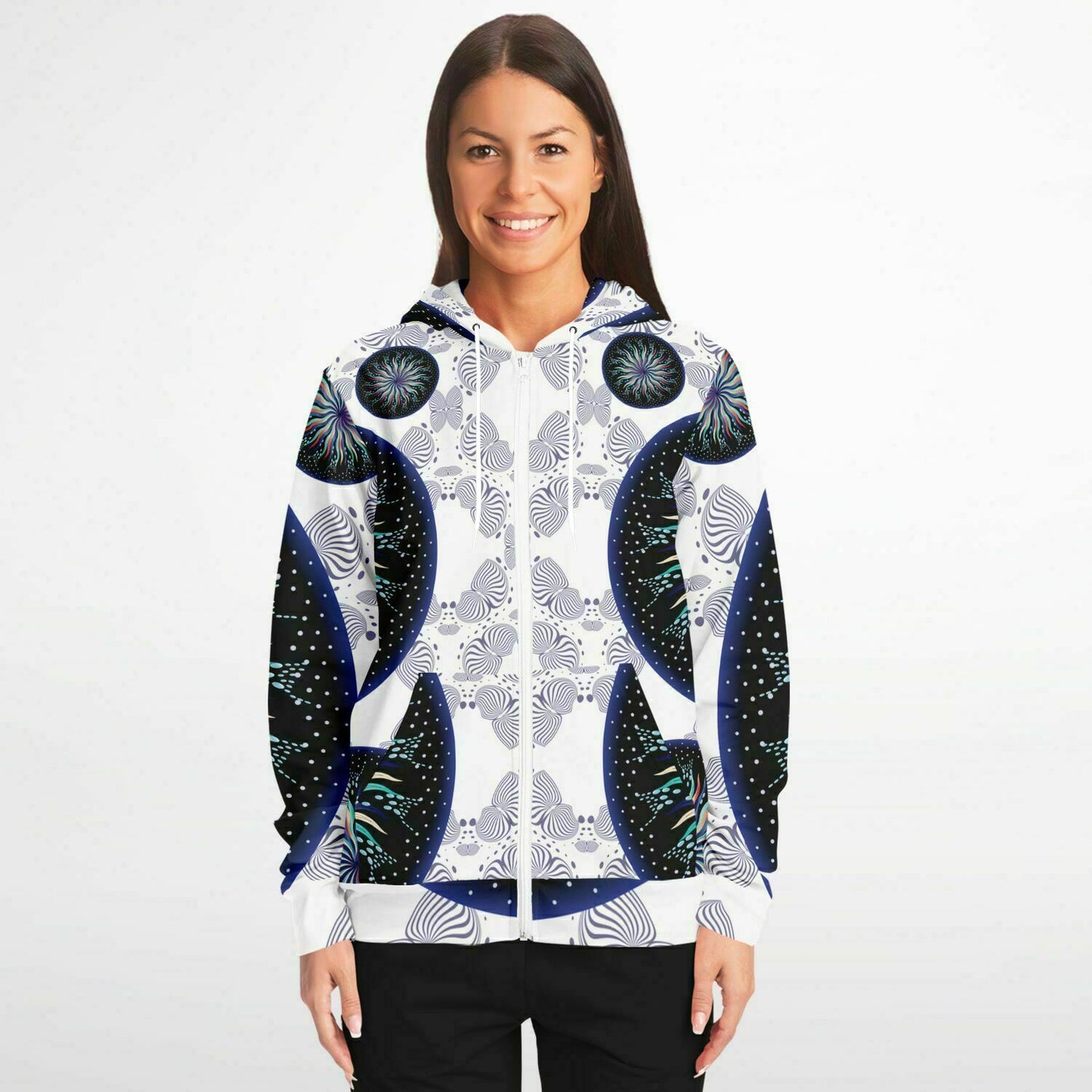 Fashion Zip-Up Hoodie - AOP Kukloso Mandala No 5A Multicolored Combo, Navy on White - Free Shipping