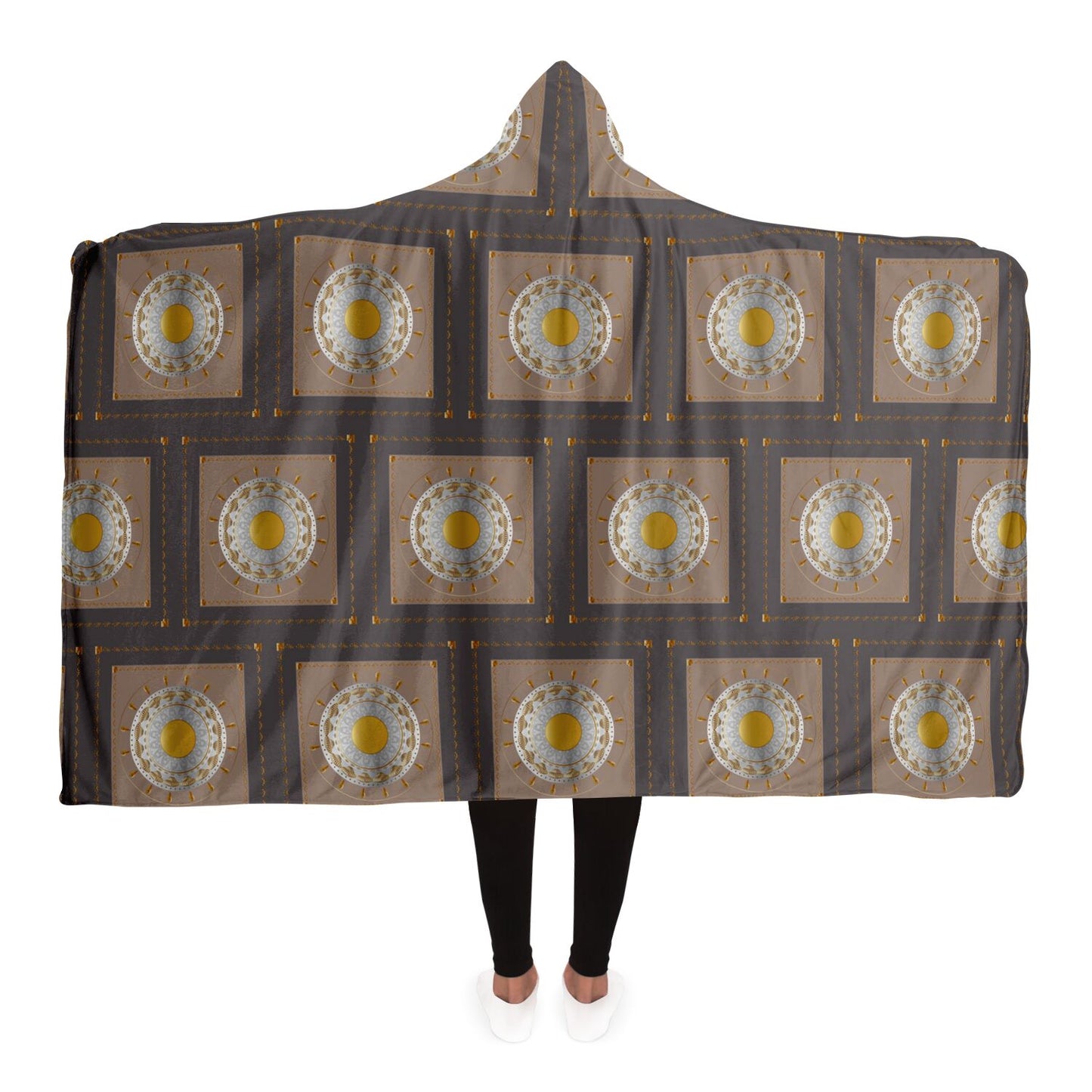 Hooded Blanket - AOP Mandala No 15 Gold, Silver, Tan on Gray