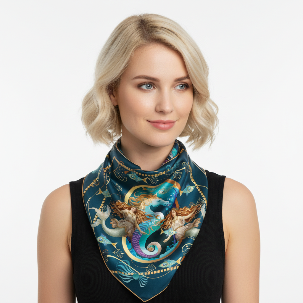 100% Silk Charmeuse Square Scarf Mermaids and Friends
