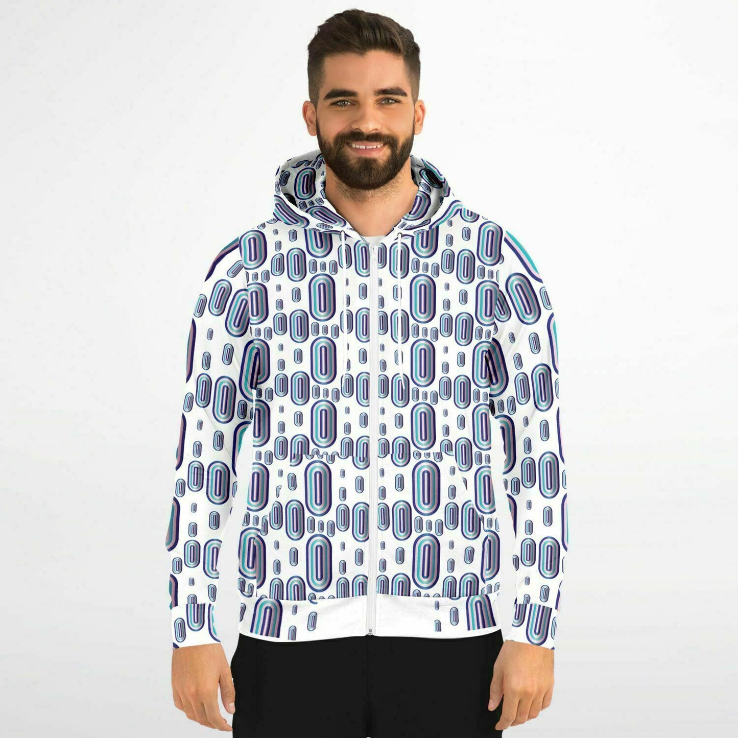 Fashion Zip-Up Hoodie - AOP Kukloso Abstractical No 93 Aqua, Pink, Navy shapes on White - Free Shipping