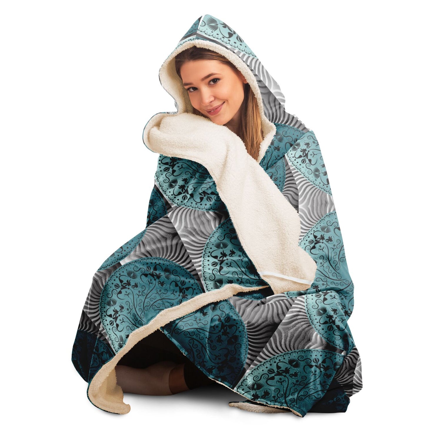 Hooded Blanket - AOP Mandala No 155 No 4 Aqua, Black Design on Patterned Silver