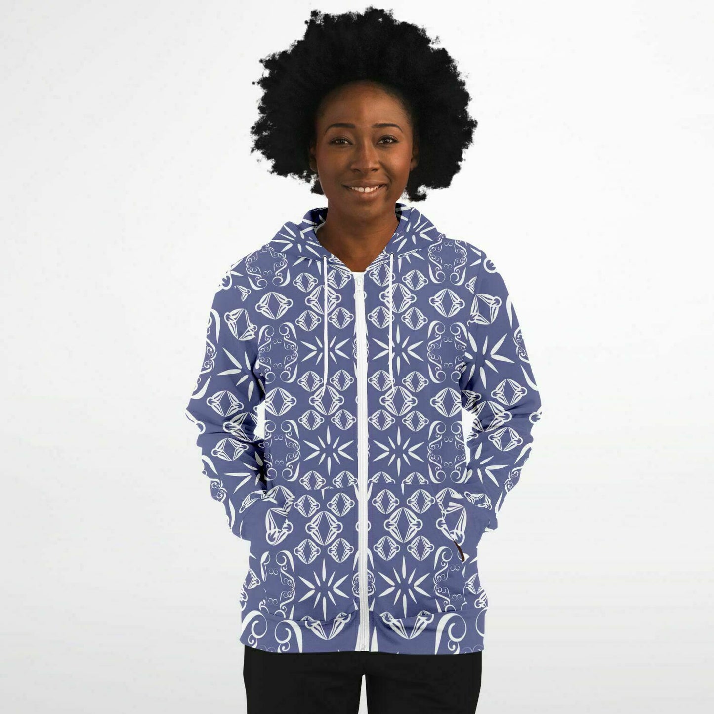 Fashion Zip-Up Hoodie - AOP  Kukloso Abstractical No 43 Periwinkle on White - Free Shipping