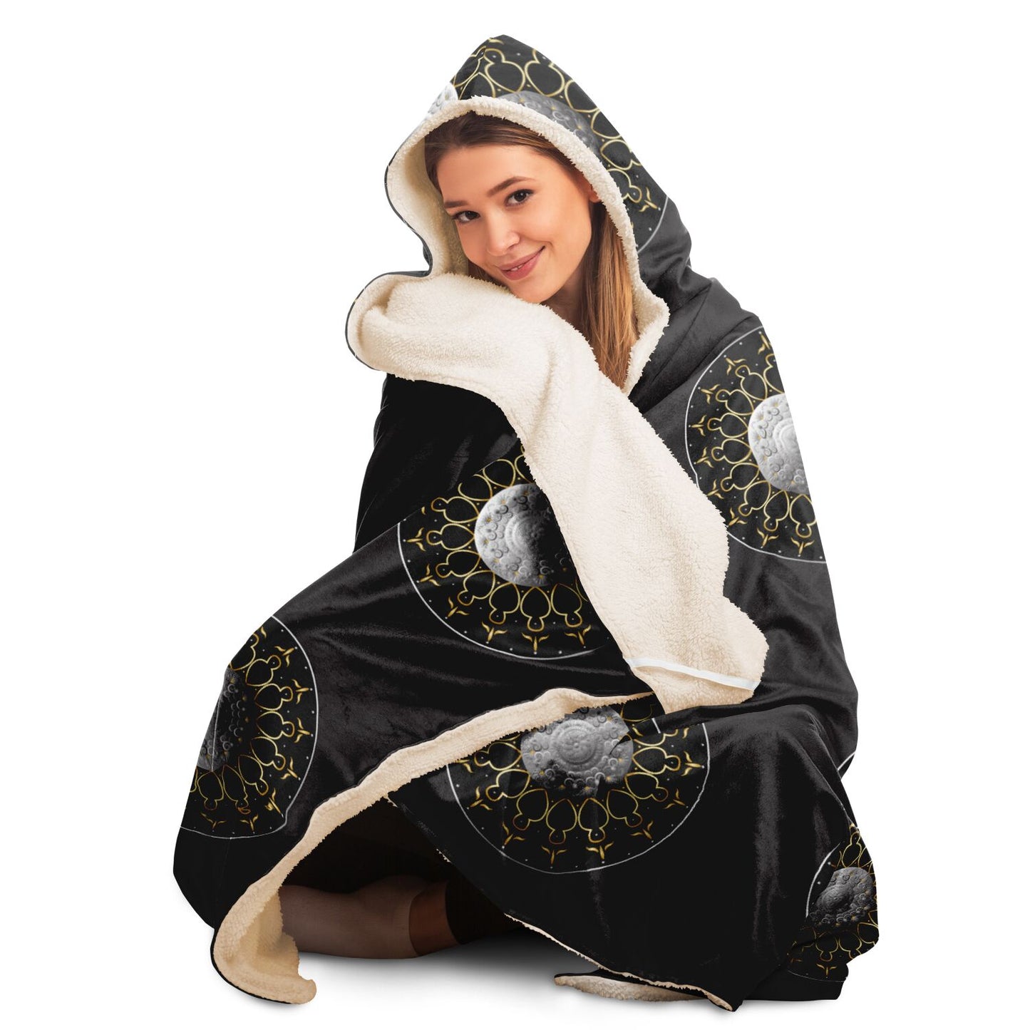 Hooded Blanket - AOP Kukloso Mandala No 2811 on Black - Free Shipping