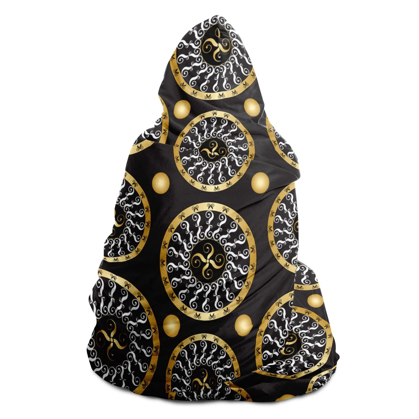 Hooded Blanket - AOP Kukloso Abstractical No 173 Mandala Design Gold & White on Black - Free Shipping