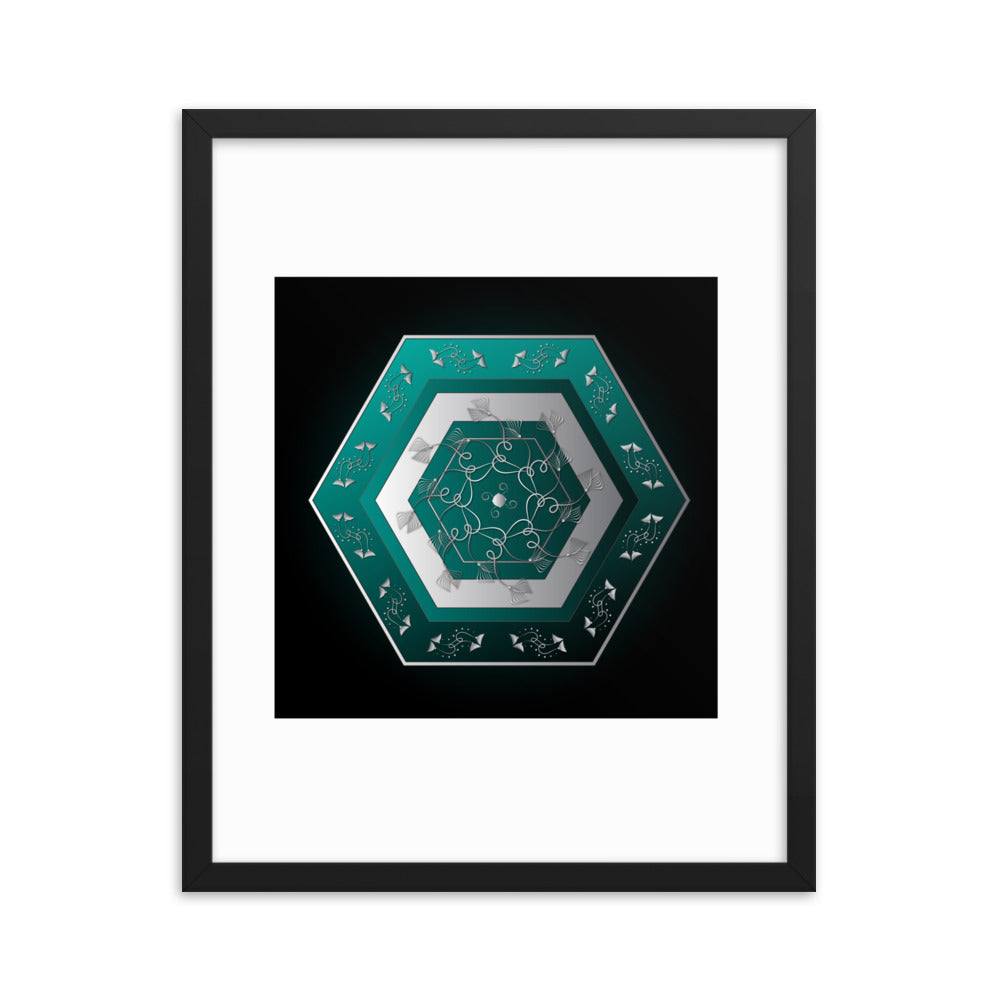 Framed Poster Kuklos No 4071 Mandala Viridian Green - Silver Free Shipping