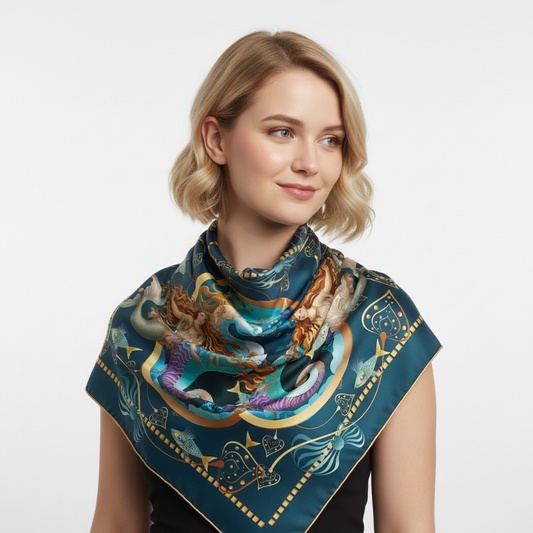 100% Silk Charmeuse Square Scarf Mermaids and Friends