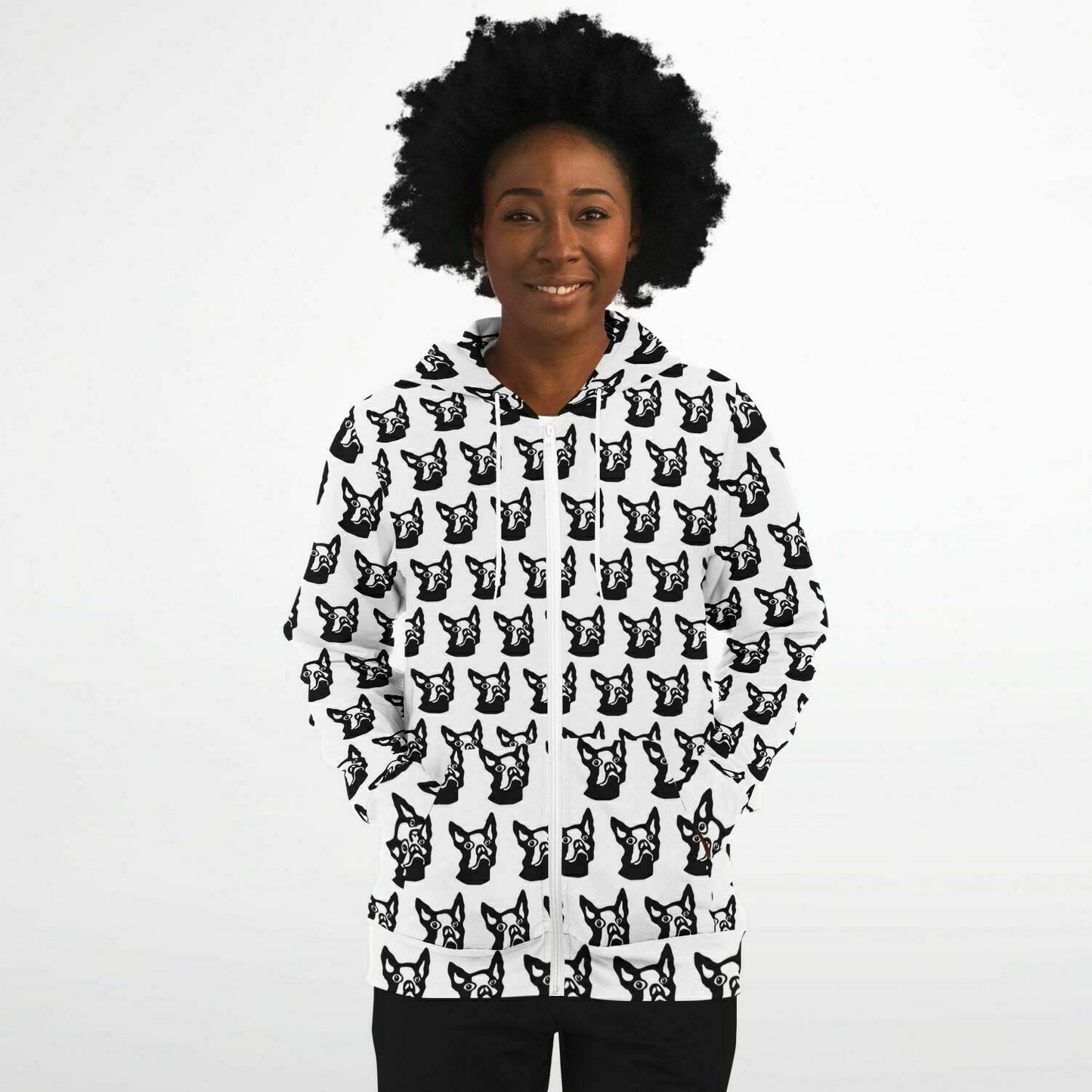 Fashion Zip-Up Hoodie - AOP Kukloso Boston Terrier Dog Black on White - Free Shipping