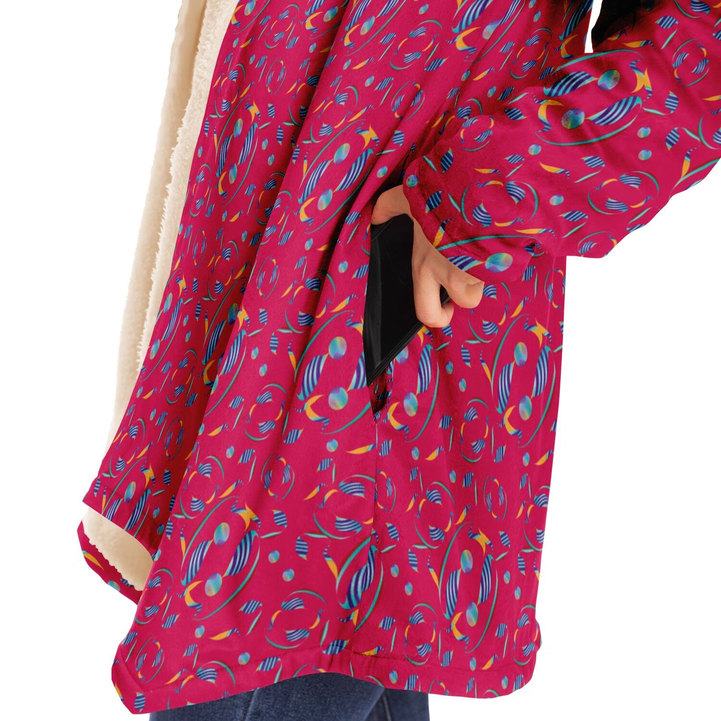 Microfleece Cloak - AOP  Kukloso Whimsical No 8  Abstract Aqua,Navy & Yellow shapes on Magenta bkgd. - Free Shipping