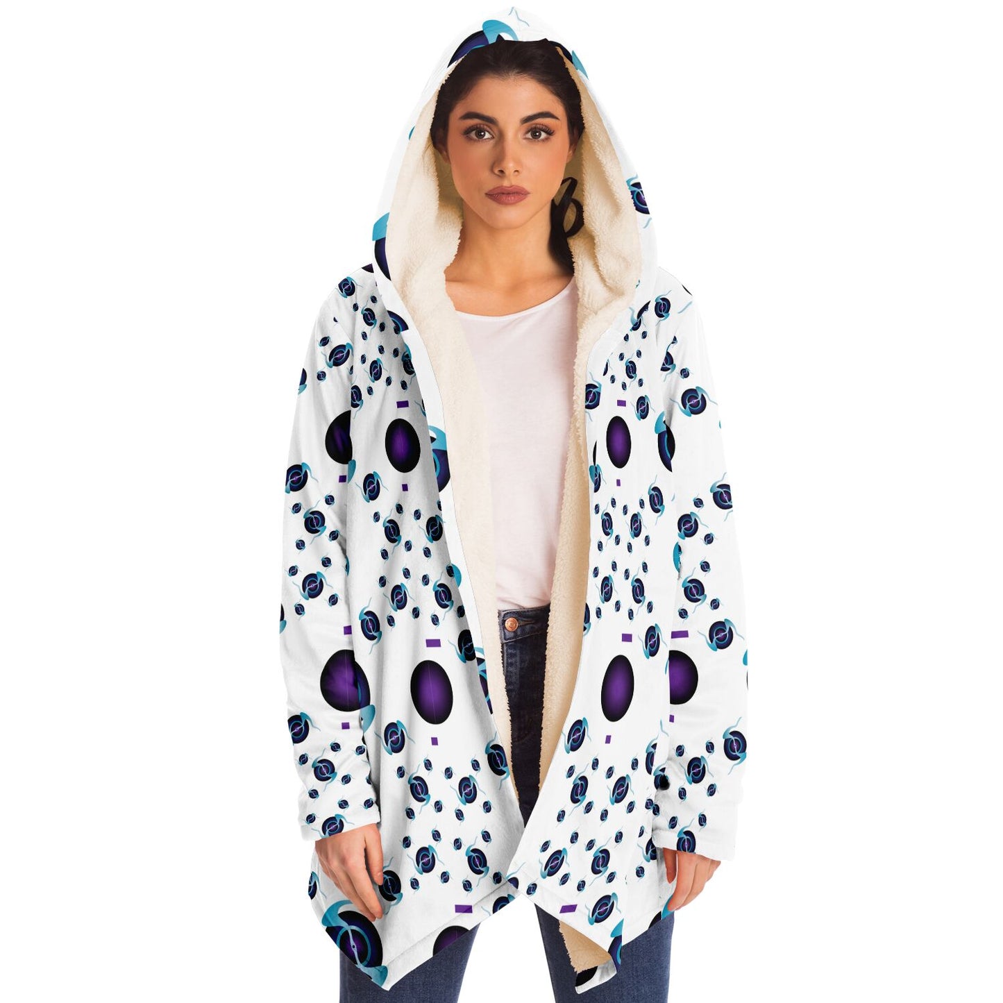 Microfleece Cloak - AOP Kukloso Abstractical No 225 Purple-Aqua orb shapes on White - Free Shipping