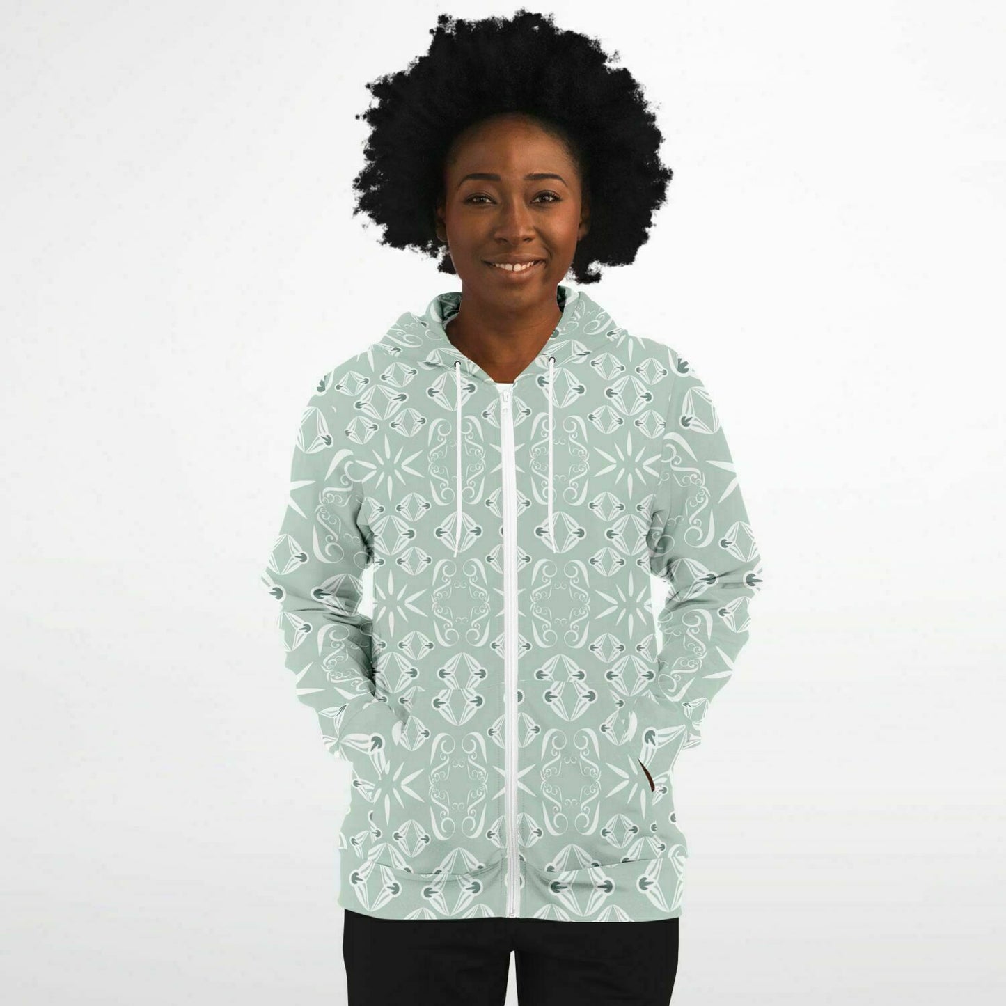 Fashion Zip-Up Hoodie - AOP  Kukloso Abstractical No 43 Sage on White - Free Shipping