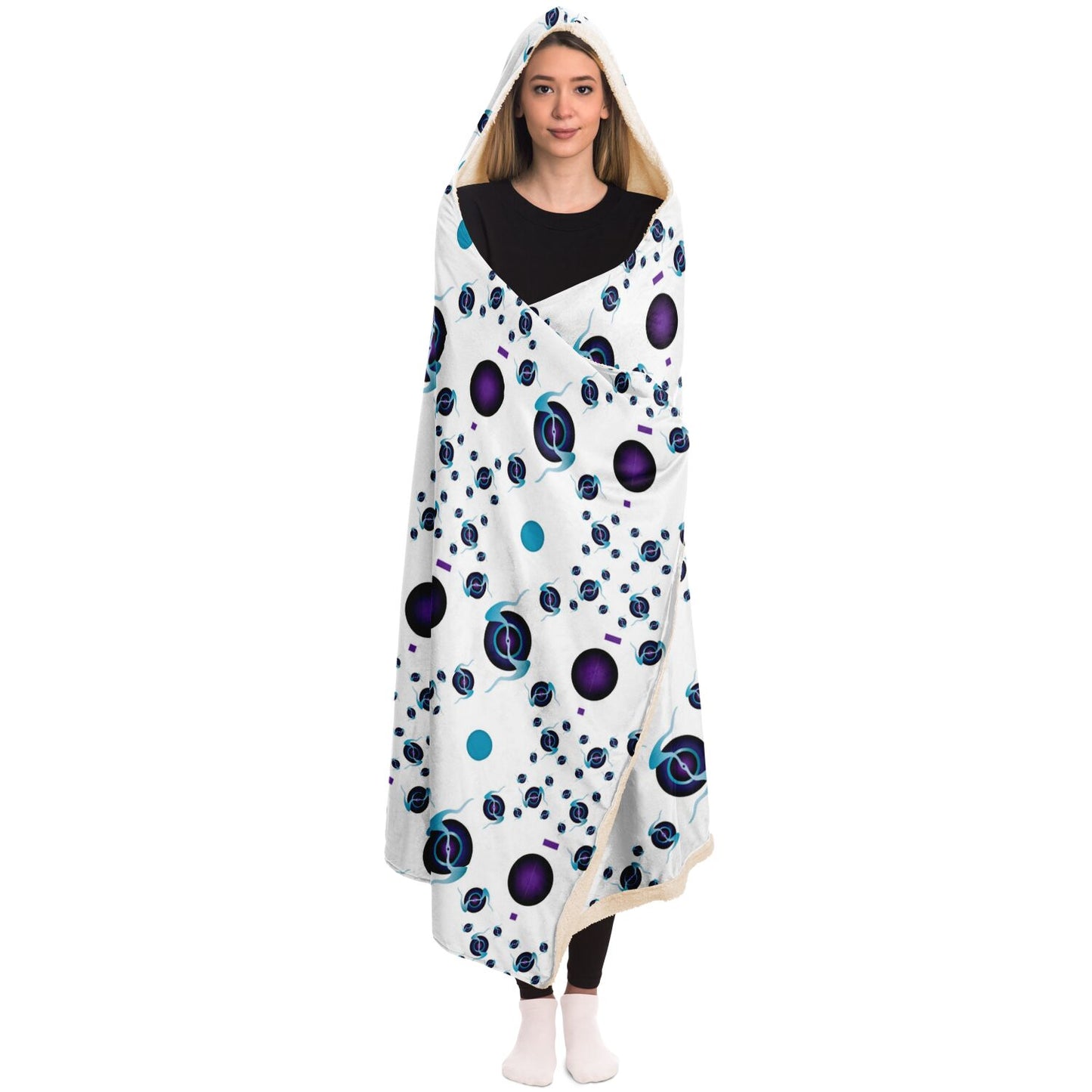 Hooded Blanket - AOP Kukloso Abstractical No 225 Dark Purpla, Aqua Shapes on White - Free Shipping