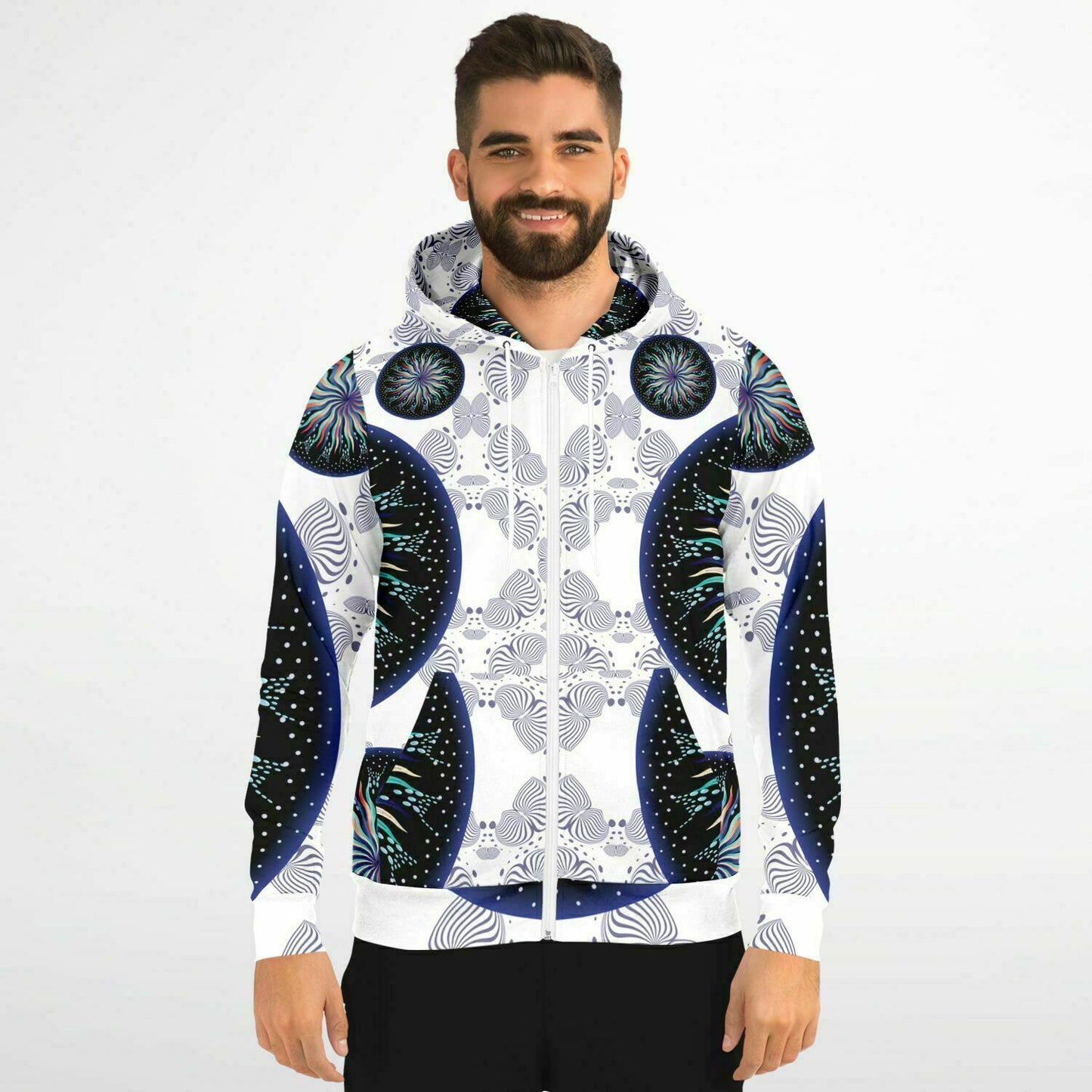 Fashion Zip-Up Hoodie - AOP Kukloso Mandala No 5A Multicolored Combo, Navy on White - Free Shipping