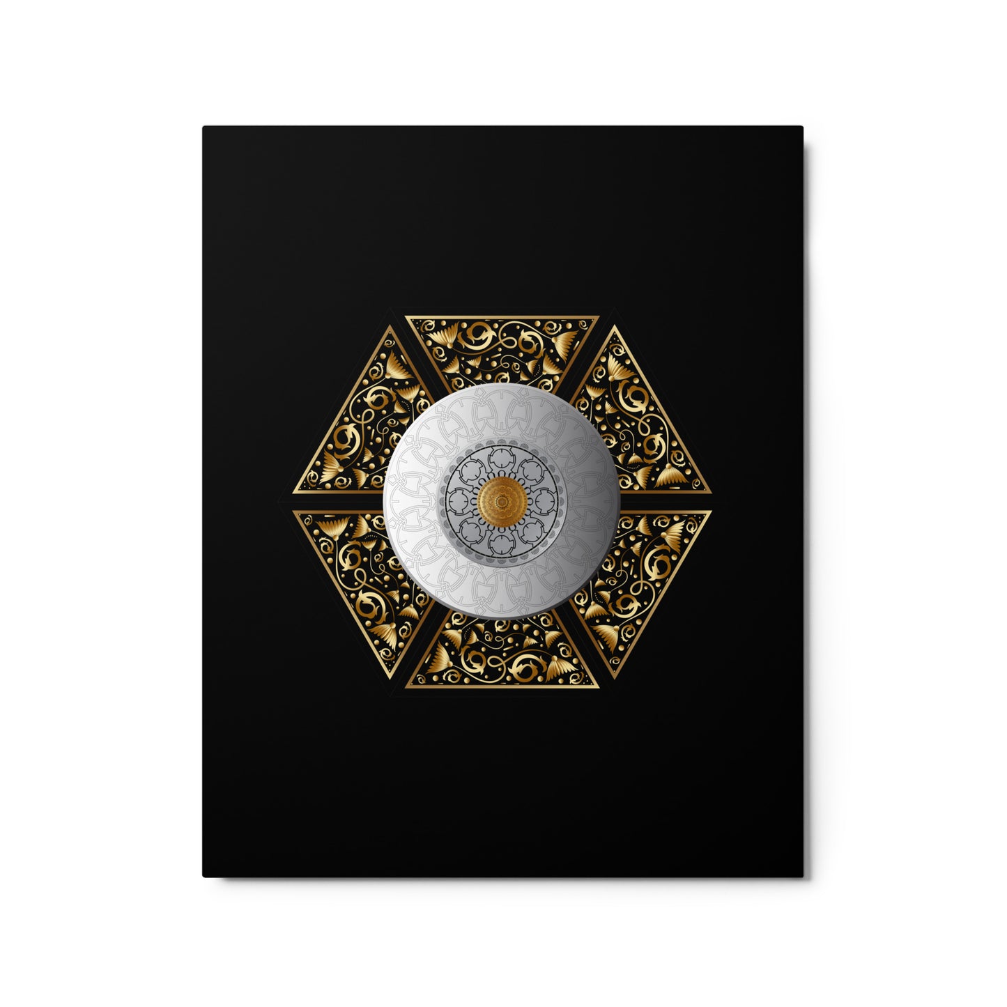 Metal prints Circumplexical No 3855 Intricate Six-sided Mandala Sliver, Gold & Black color Free Shipping