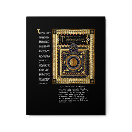 Metal prints Christian Triptych - Lord's Prayer - John 3:16 - 23rd Psalm Gold colors Free Shipping