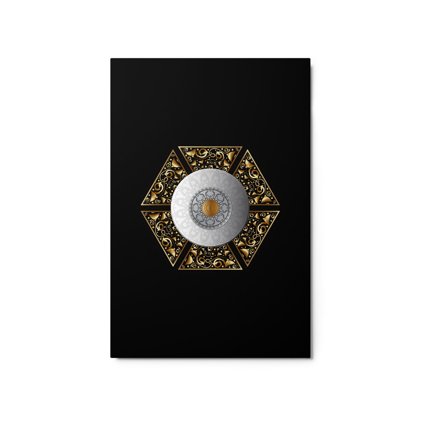 Metal prints Circumplexical No 3855 Intricate Six-sided Mandala Sliver, Gold & Black color Free Shipping