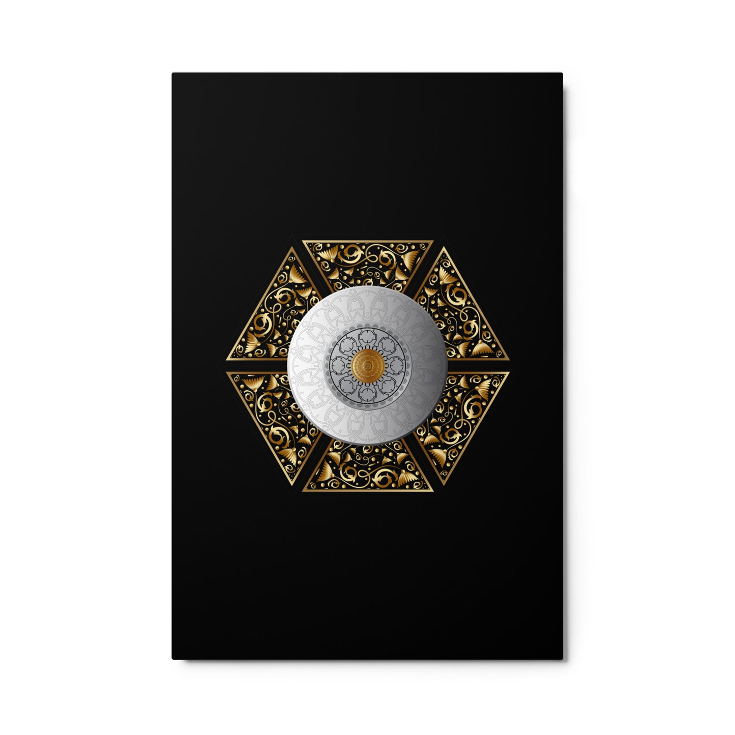 Metal prints Circumplexical No 3855 Intricate Six-sided Mandala Sliver, Gold & Black color Free Shipping