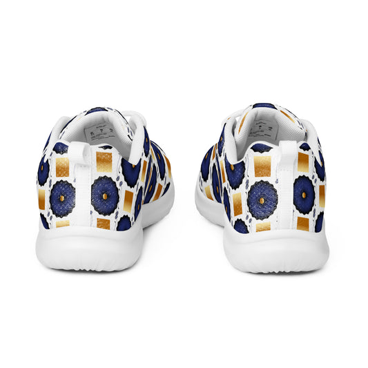 Women’s athletic shoes Kukloso AG No 29 Navy Mandalas, Gold Squares on White - Free Shipping