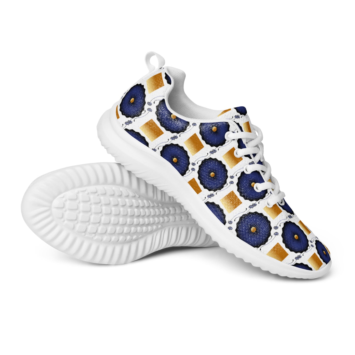 Women’s athletic shoes Kukloso AG No 29 Navy Mandalas, Gold Squares on White - Free Shipping