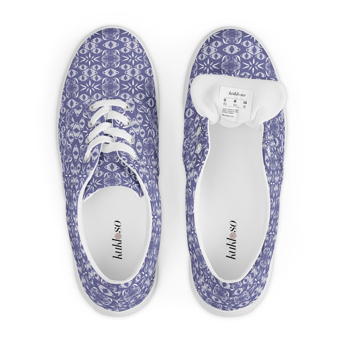 Women’s lace-up canvas shoes Kukloso Abstractical No 43 Silver Shapes on Periwinkle - Free Shipping