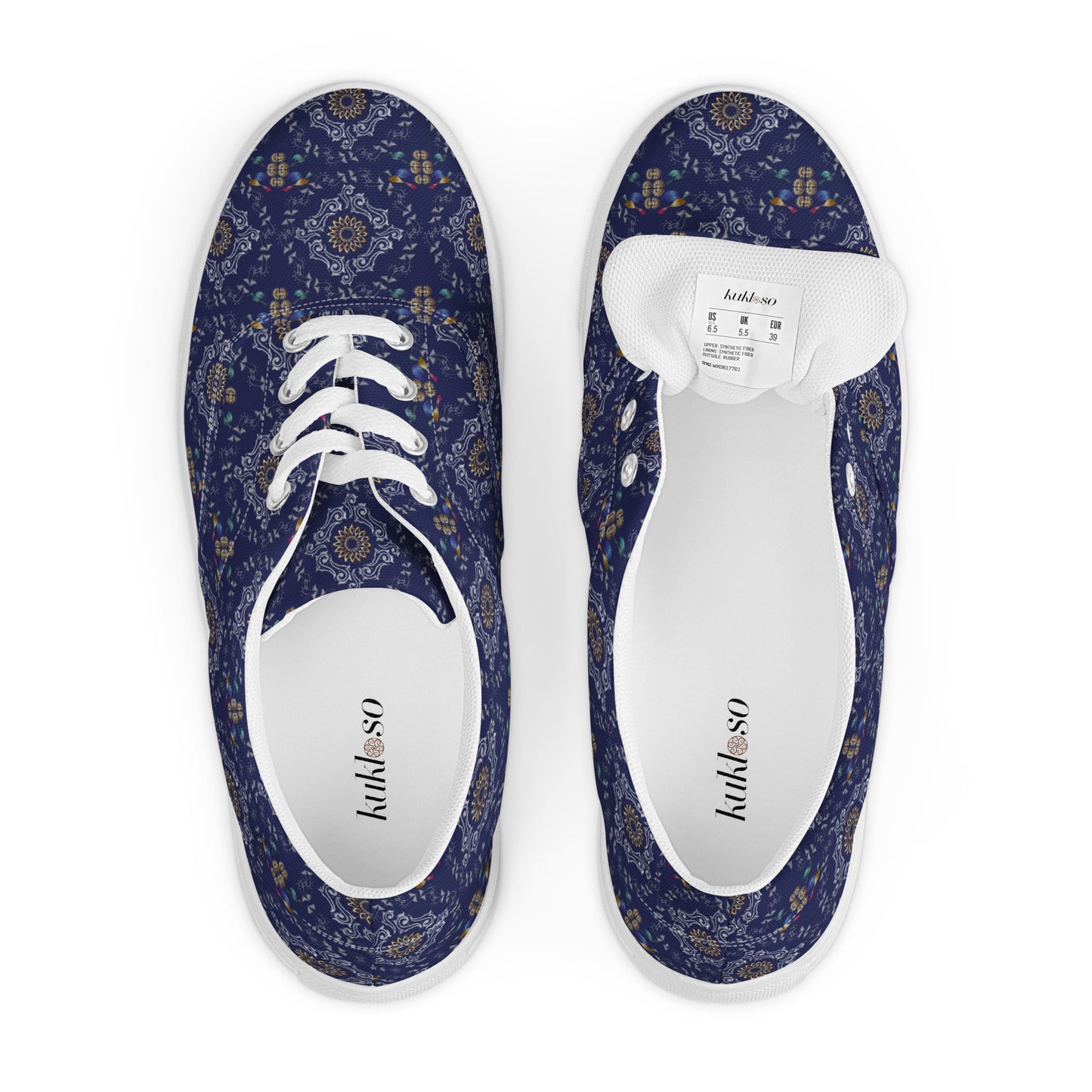 Women’s lace-up canvas shoes Kukloso Abstractical No 46 Silver/Gold Mandala Shapes on Navy - Free Shipping