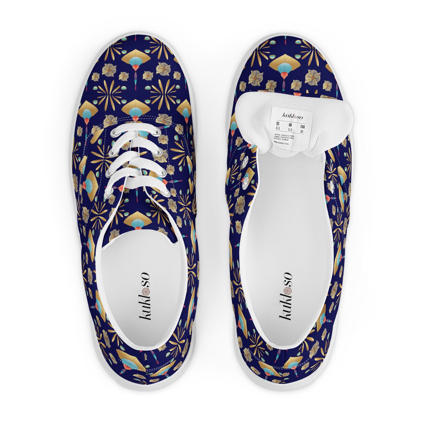 Women’s lace-up canvas shoes Kukloso Abstractical No 55 Gold Shapes on Navy - Free Shipping