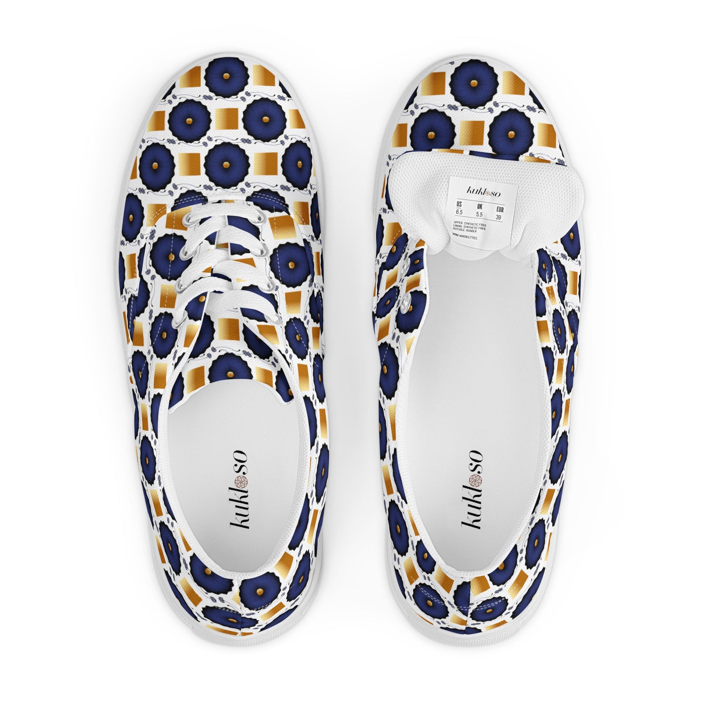 Women’s lace-up canvas shoes Kukloso AG No 29 Navy Mandalas, Gold Squares on White - Free Shipping