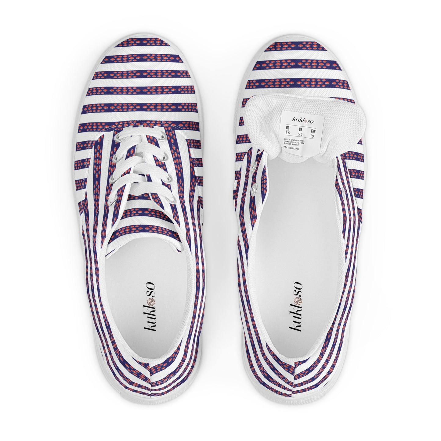 Women’s lace-up canvas shoes Kukloso FS No 12 Red Orbs on Blue Stripes on White - Free Shipping