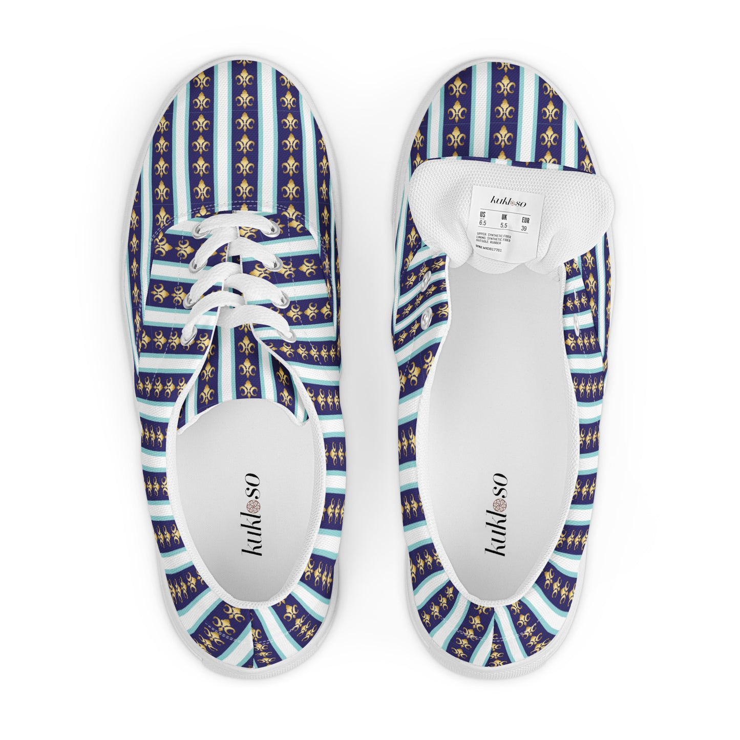 Women’s lace-up canvas shoes Kukloso FS No 58 Gold Fleur de lys - Navy Stripes on White - Free Shipping