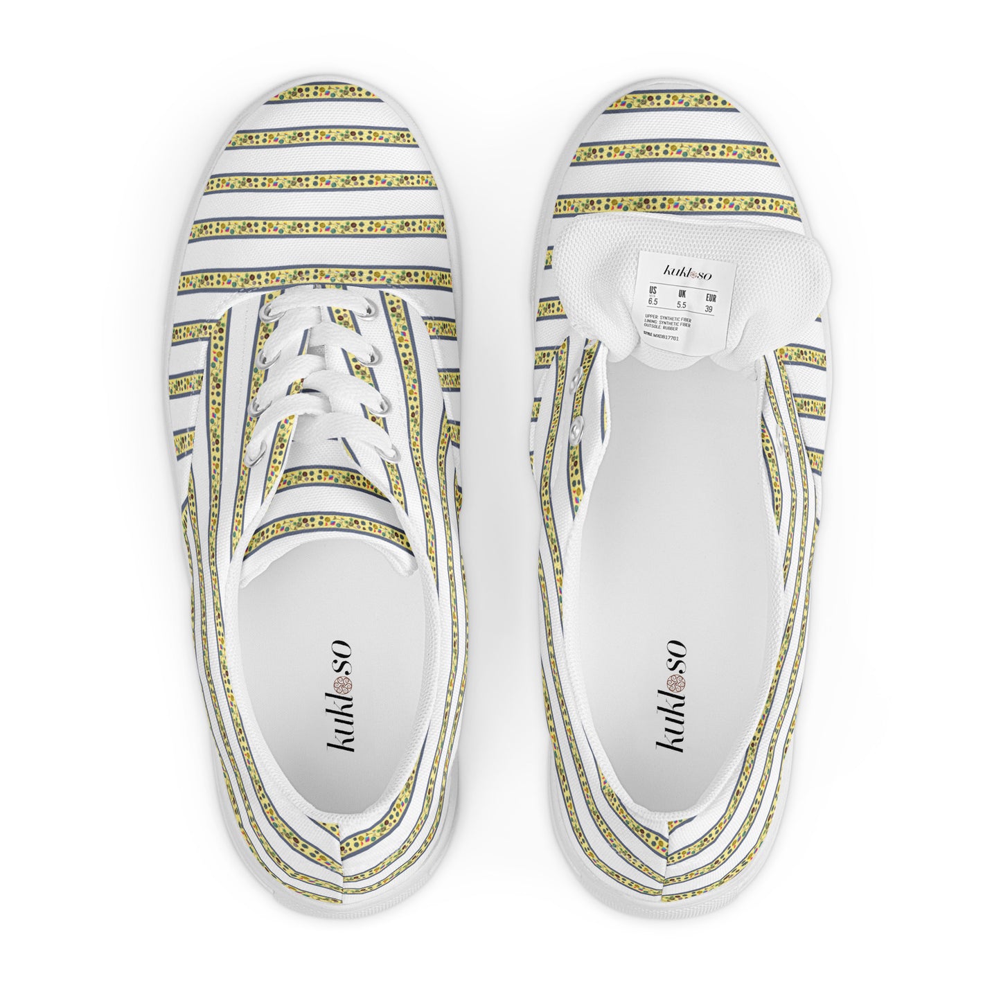 Women’s lace-up canvas shoes Kukloso FS No 104 Yellow Stripes on White - Free Shipping