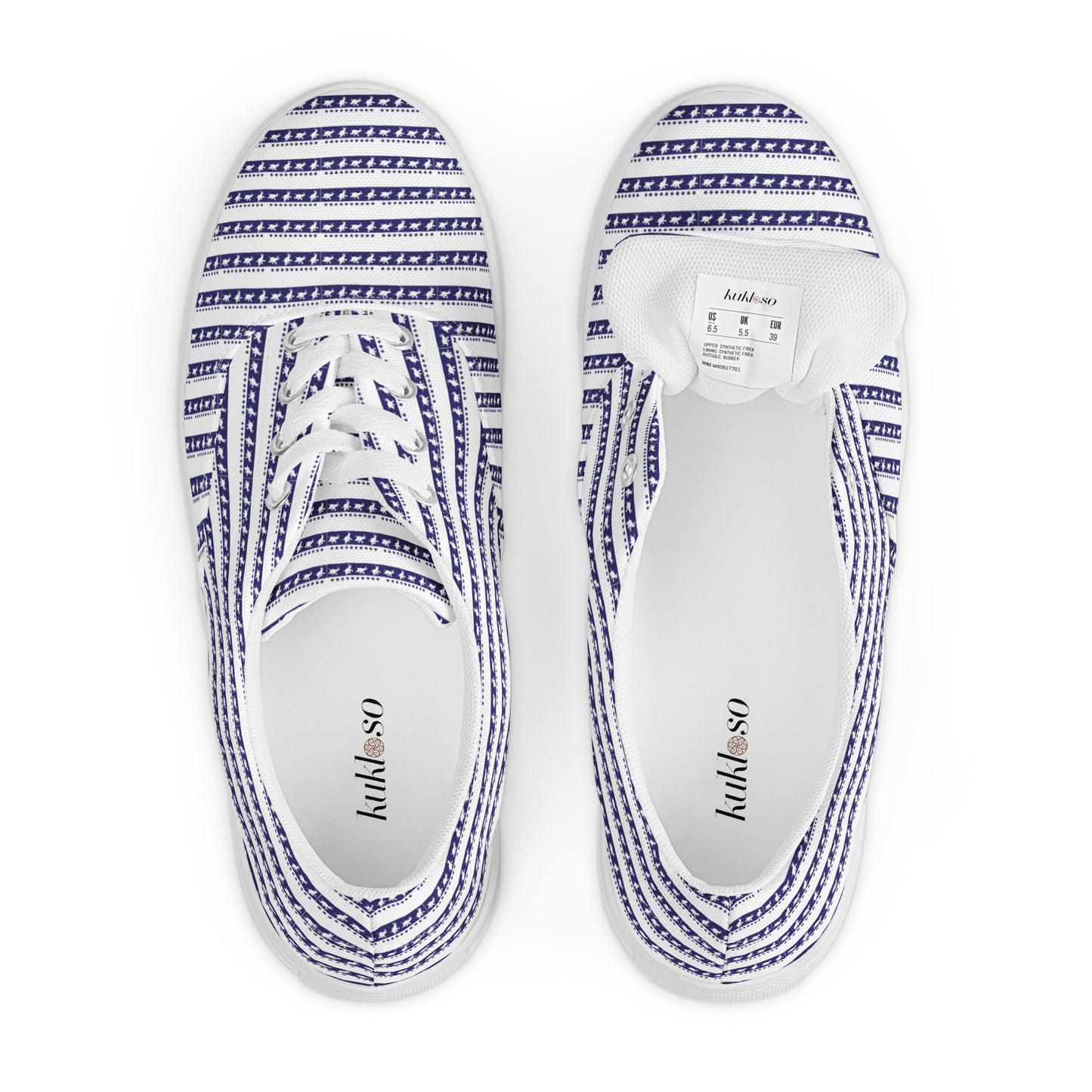 Women’s lace-up canvas shoes Kukloso Happy Ganesh (elephant ) Blue Stripes on White - Free Shipping