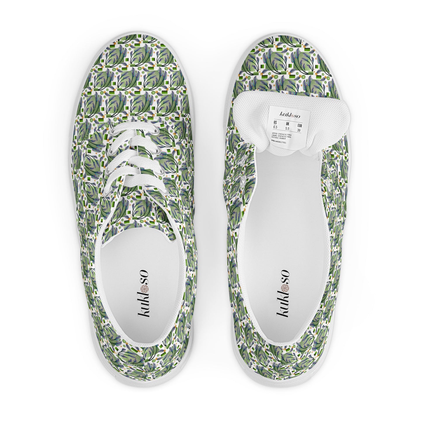 Women’s lace-up canvas shoes Kukloso Melange de fleur No 46 Green on White - Free Shipping