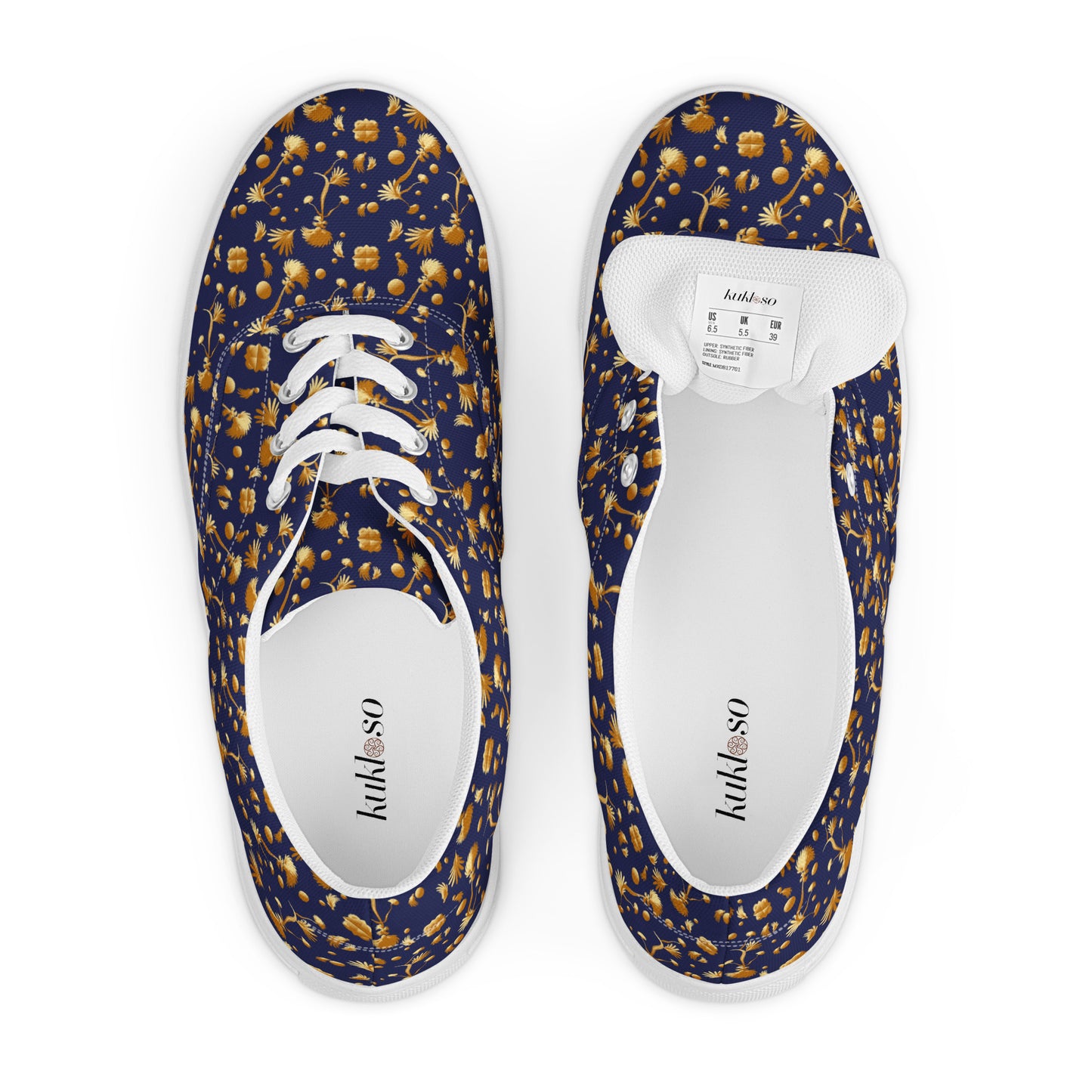 Women’s lace-up canvas shoes Kukloso Melange de fleur No 22 Gold on Navy - Free Shipping