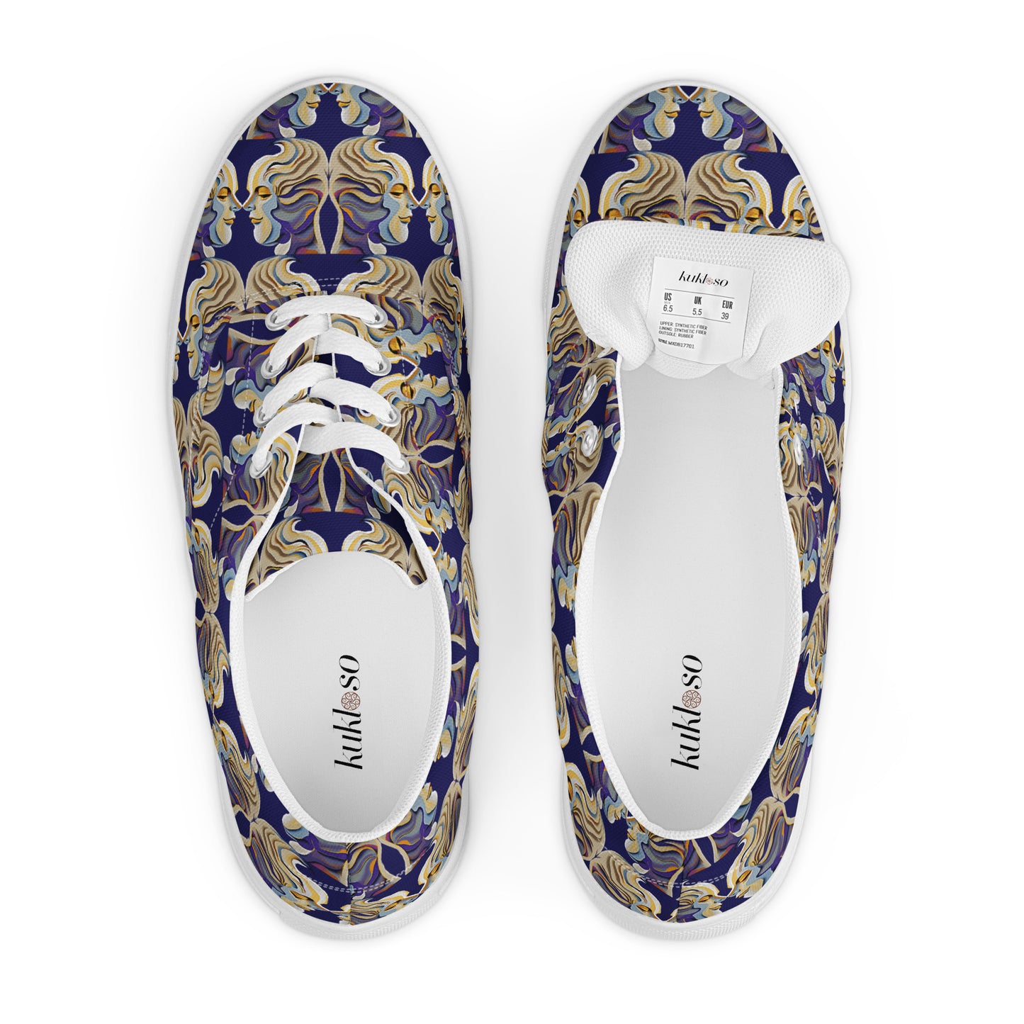 Women’s lace-up canvas shoes Kukloso Cubist Faces No 1 Large Pattern on Navy- Free Shipping