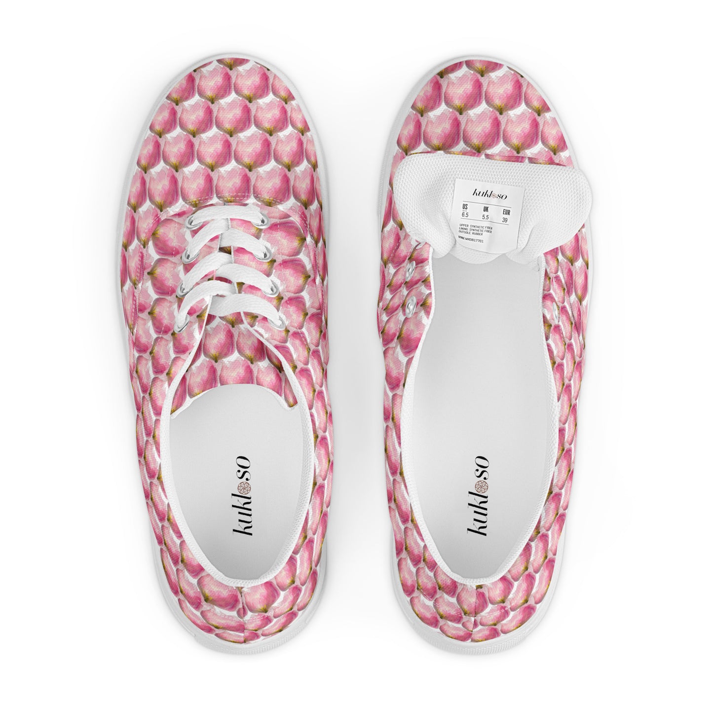 Women’s lace-up canvas shoes Kukloso Les tulipes Pink on White - Free Shipping