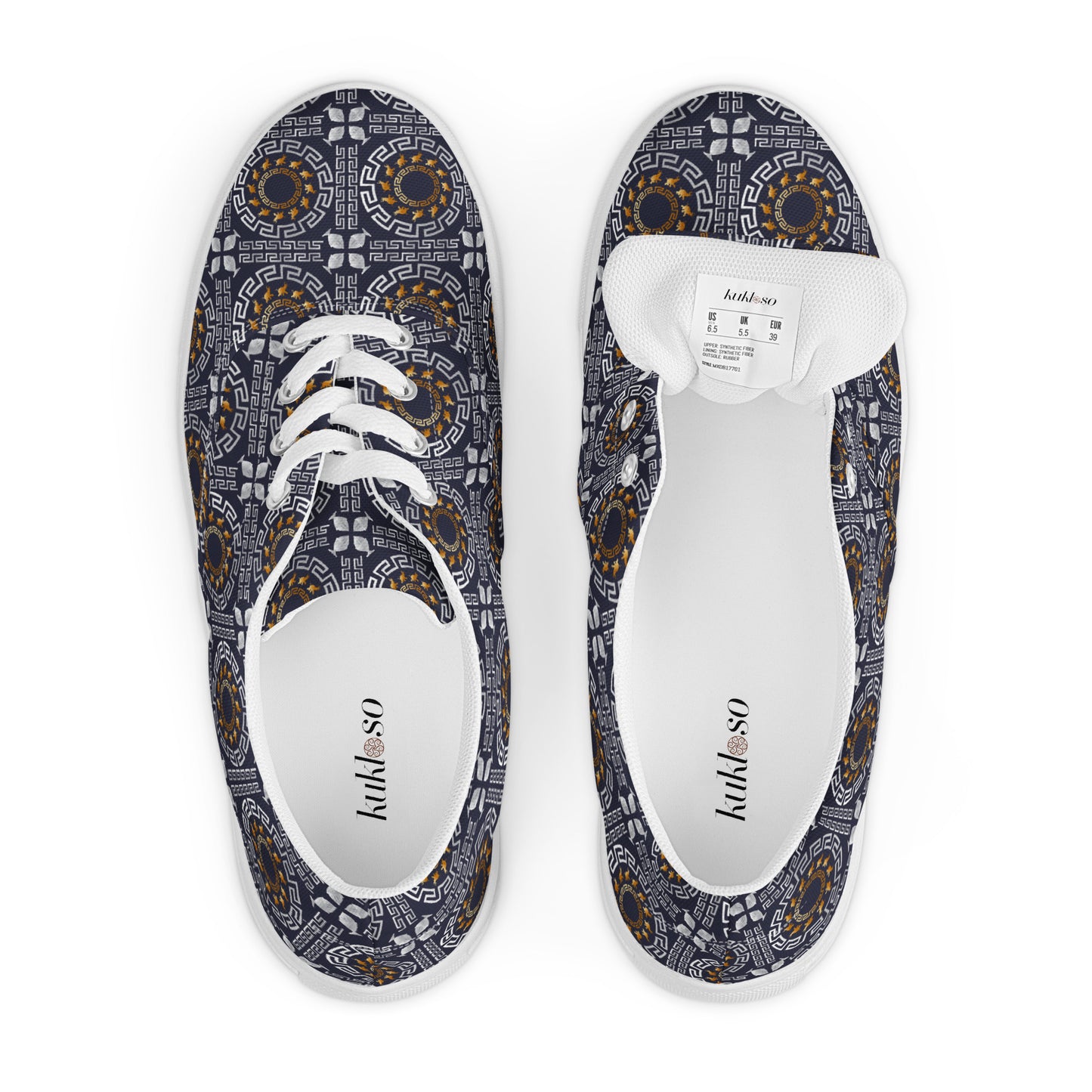 Women’s lace-up canvas shoes Kukloso Greek Border No 40 Ganesha on Navy - Free Shipping