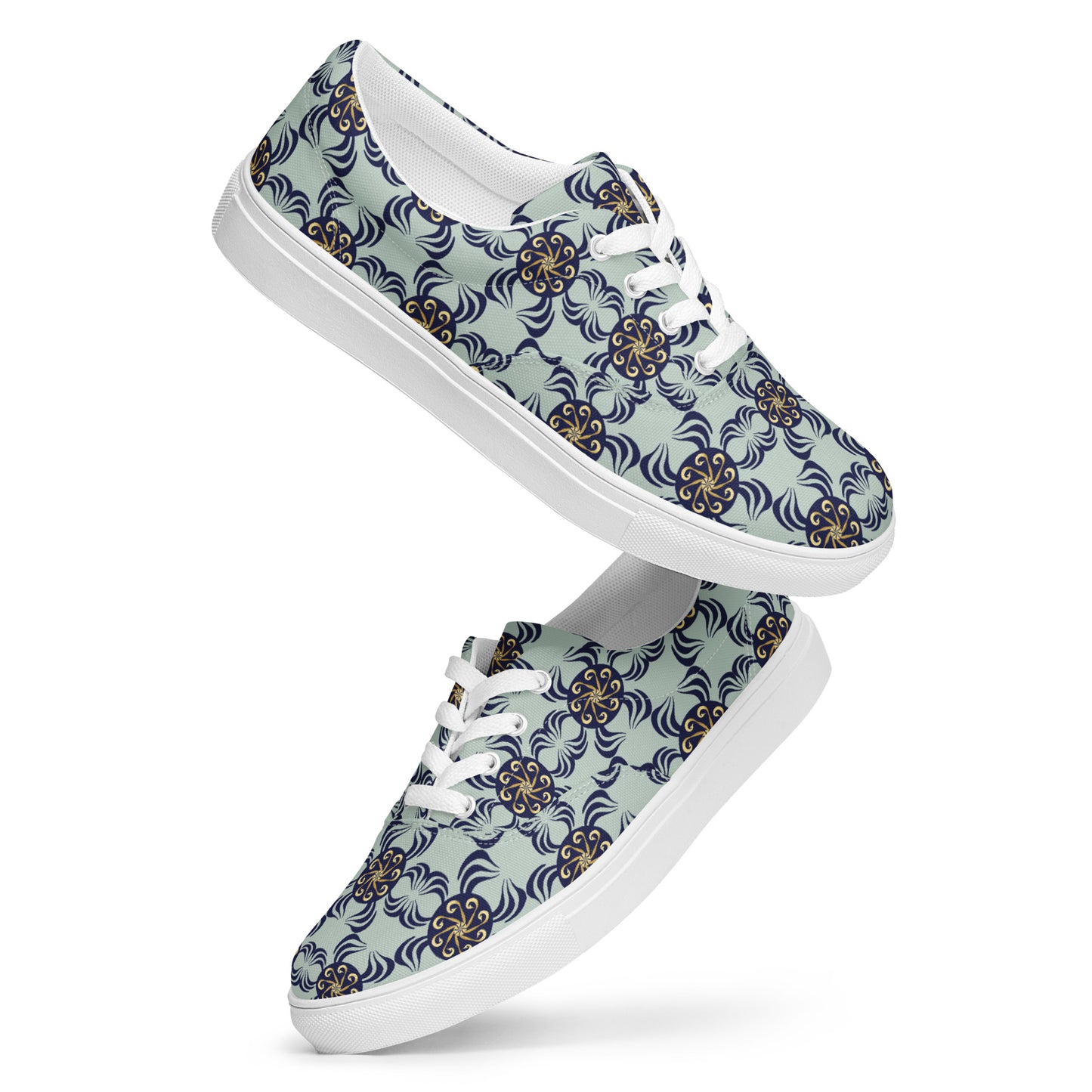 Women’s lace-up canvas shoes Kukloso Abstractical No 42 Navy/Gold Mandala Shapes on Pale Aqua - Free Shipping